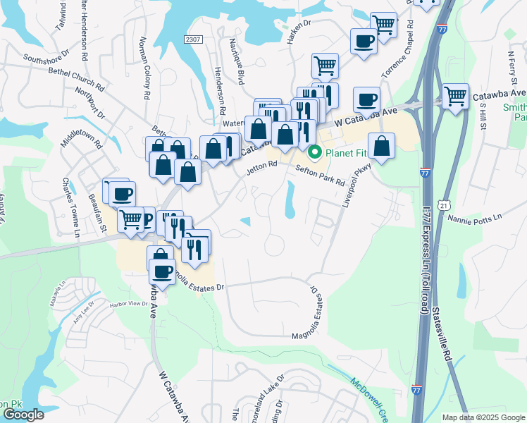 map of restaurants, bars, coffee shops, grocery stores, and more near 19806 One Norman Boulevard in Cornelius
