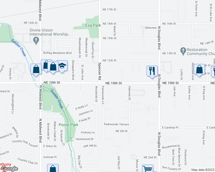 map of restaurants, bars, coffee shops, grocery stores, and more near 4031 Locust Drive in Oklahoma City