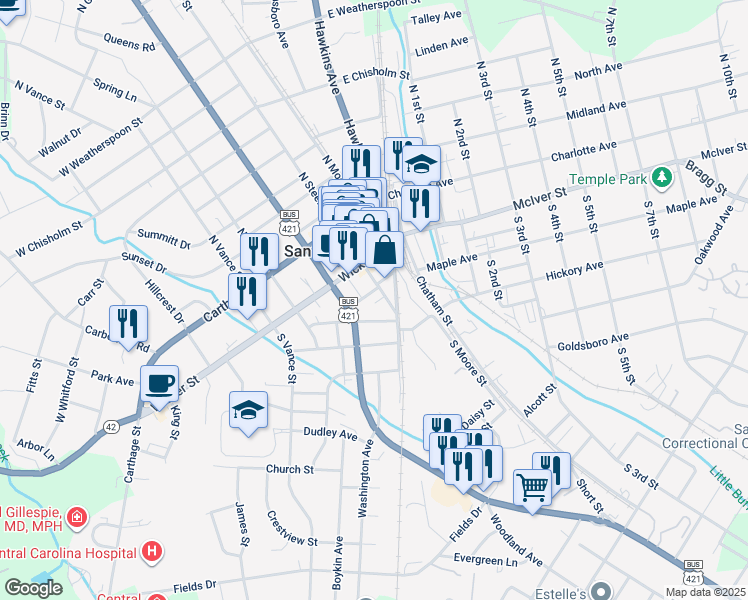 map of restaurants, bars, coffee shops, grocery stores, and more near 312 South Steele Street in Sanford