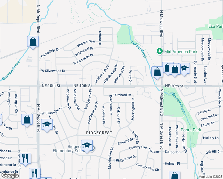 map of restaurants, bars, coffee shops, grocery stores, and more near 3718 Bella Vista Drive in Midwest City