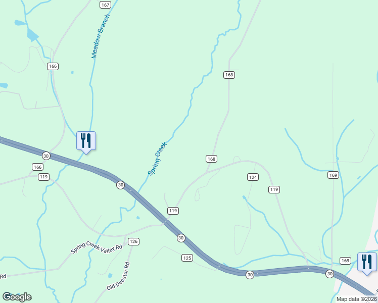 map of restaurants, bars, coffee shops, grocery stores, and more near 108 County Road 168 in Athens
