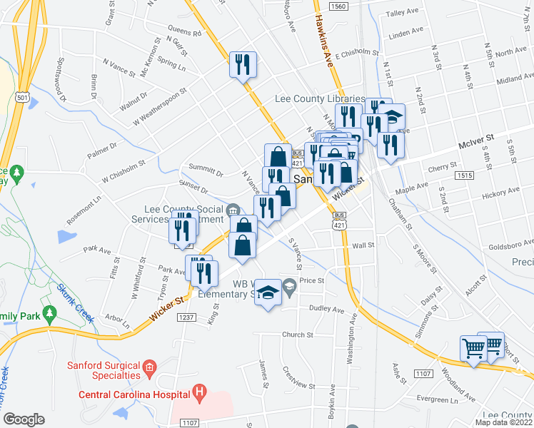 map of restaurants, bars, coffee shops, grocery stores, and more near 503 Carthage Street in Sanford