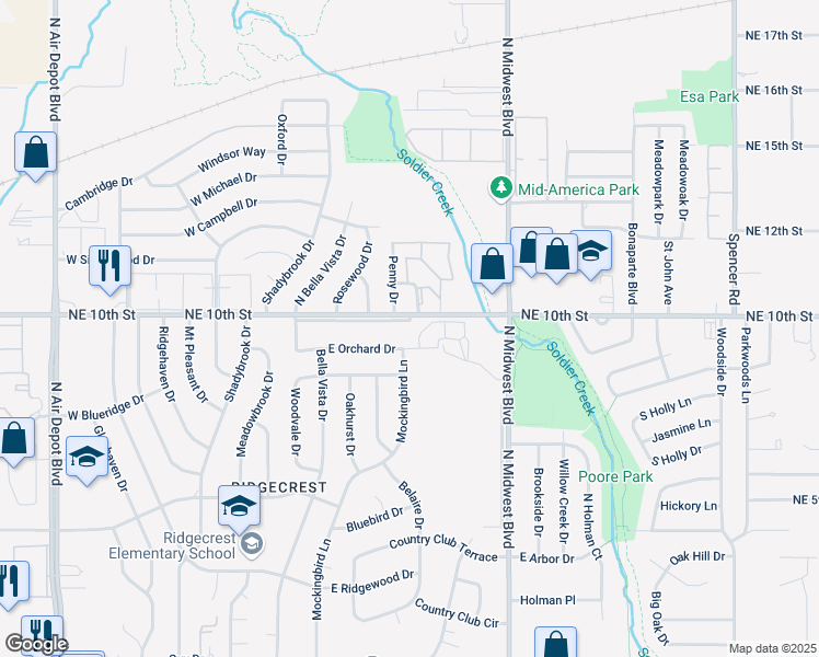 map of restaurants, bars, coffee shops, grocery stores, and more near 232 East Blossom Drive in Midwest City