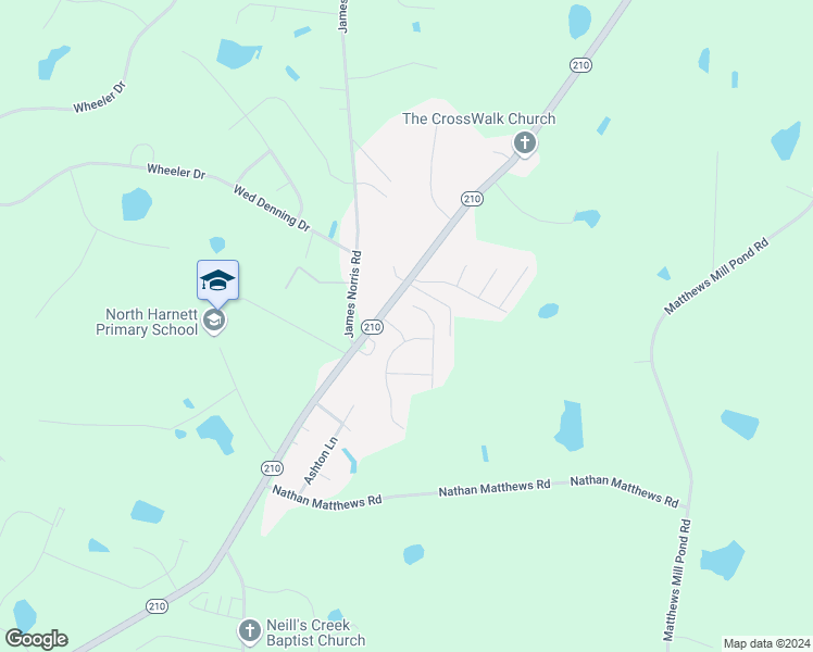 map of restaurants, bars, coffee shops, grocery stores, and more near 57 Planters Glen Drive in Angier