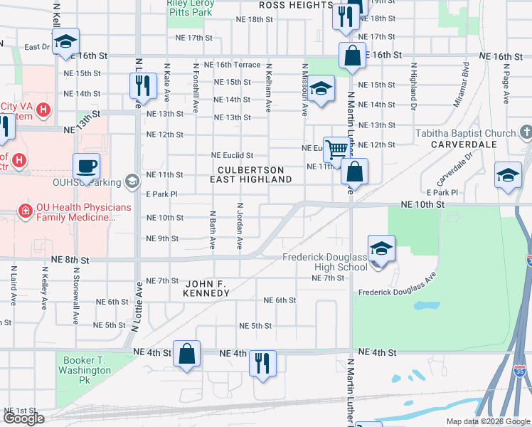 map of restaurants, bars, coffee shops, grocery stores, and more near 1709 Northeast 10th Street in Oklahoma City