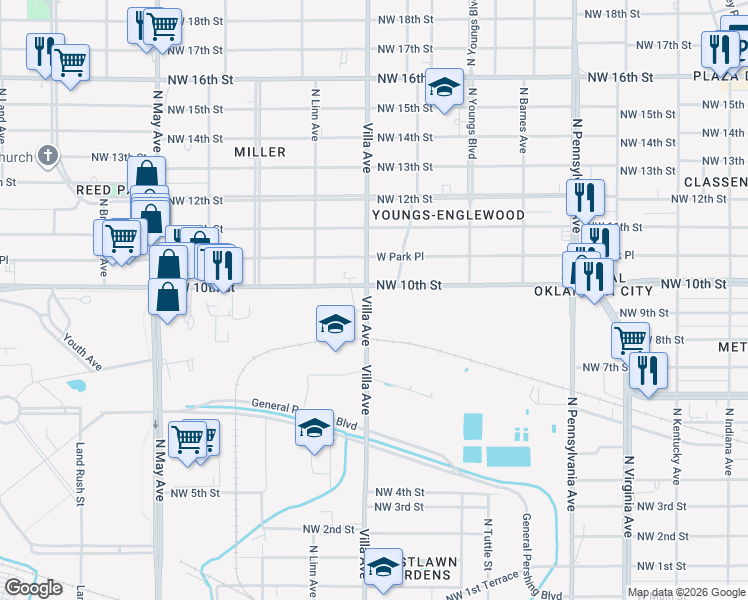 map of restaurants, bars, coffee shops, grocery stores, and more near 900 North Villa Avenue in Oklahoma City