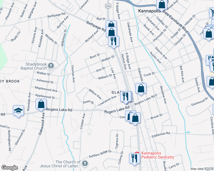 map of restaurants, bars, coffee shops, grocery stores, and more near 231 Summerpine Place in Kannapolis