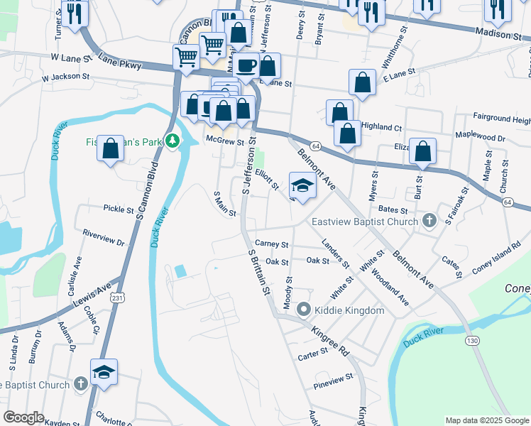 map of restaurants, bars, coffee shops, grocery stores, and more near 401 Dunnaway Street in Shelbyville