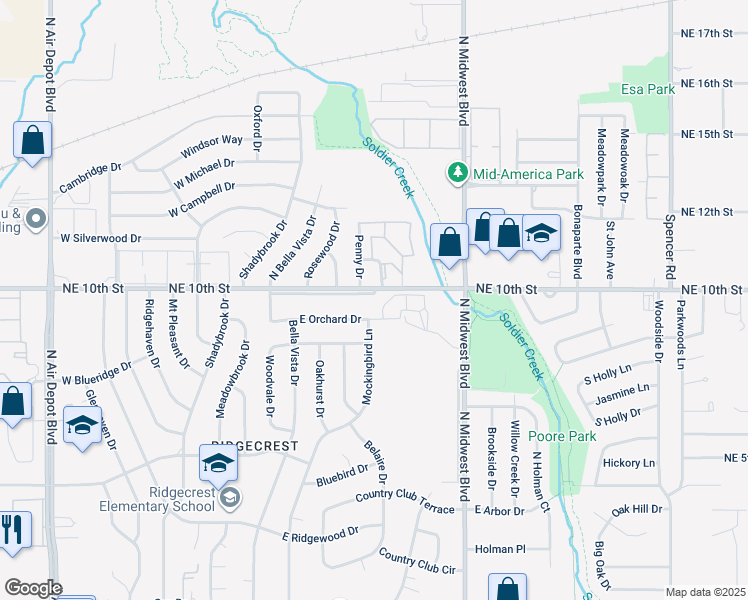 map of restaurants, bars, coffee shops, grocery stores, and more near 232 East Blossom Drive in Midwest City