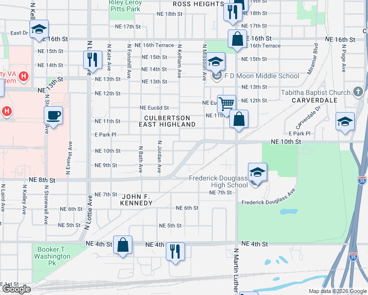 map of restaurants, bars, coffee shops, grocery stores, and more near 1709 Northeast 10th Street in Oklahoma City
