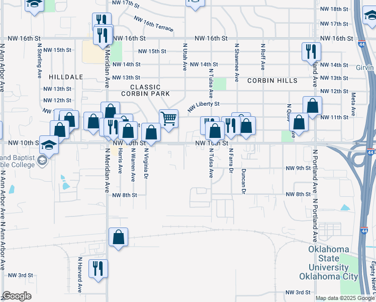 map of restaurants, bars, coffee shops, grocery stores, and more near 4122 Northwest 10th Street in Oklahoma City