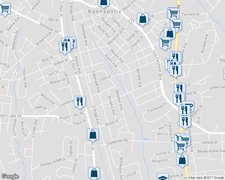 map of restaurants, bars, coffee shops, grocery stores, and more near 414 Russell Street in Kannapolis