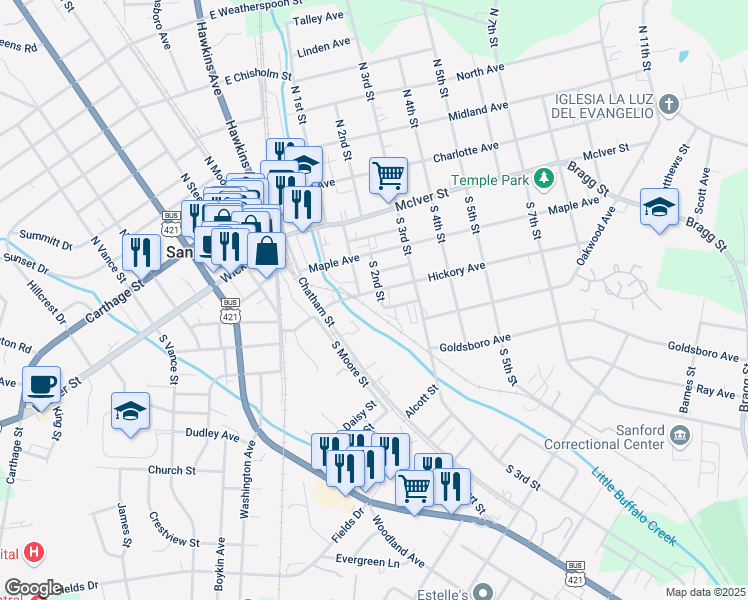map of restaurants, bars, coffee shops, grocery stores, and more near 202 Hickory Avenue in Sanford