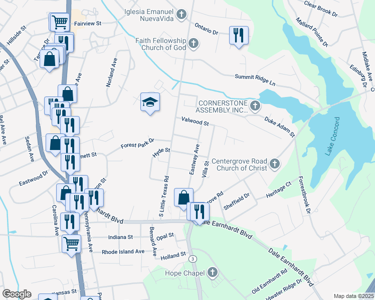 map of restaurants, bars, coffee shops, grocery stores, and more near 410 Hyde Street in Kannapolis