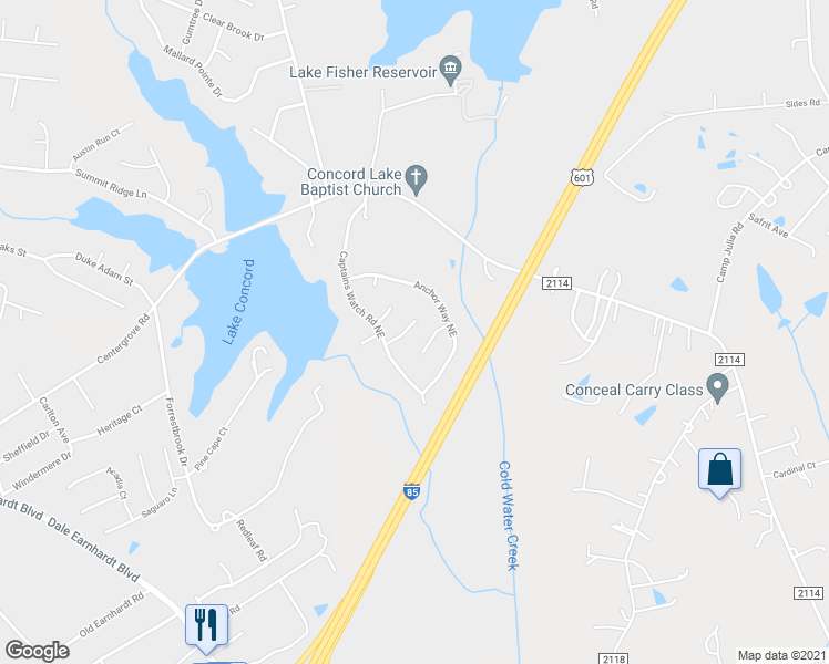 map of restaurants, bars, coffee shops, grocery stores, and more near 926 Back Bay Court Northeast in Kannapolis