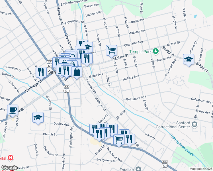 map of restaurants, bars, coffee shops, grocery stores, and more near 202 Hickory Avenue in Sanford