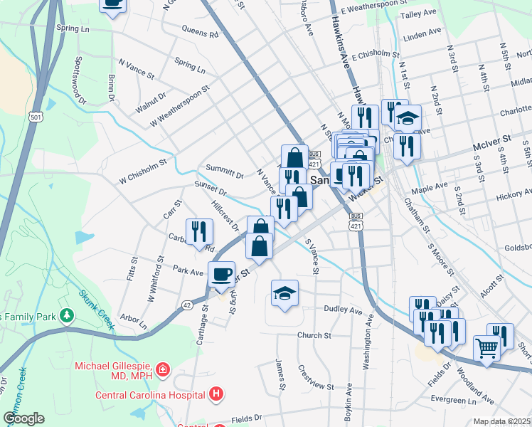 map of restaurants, bars, coffee shops, grocery stores, and more near 509 Carthage Street in Sanford