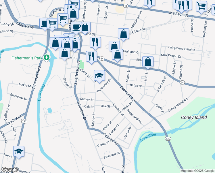 map of restaurants, bars, coffee shops, grocery stores, and more near 217 Dunnaway Street in Shelbyville