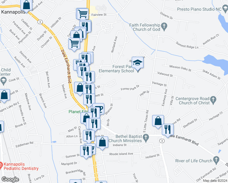 map of restaurants, bars, coffee shops, grocery stores, and more near 1201 Forest Park Drive in Kannapolis