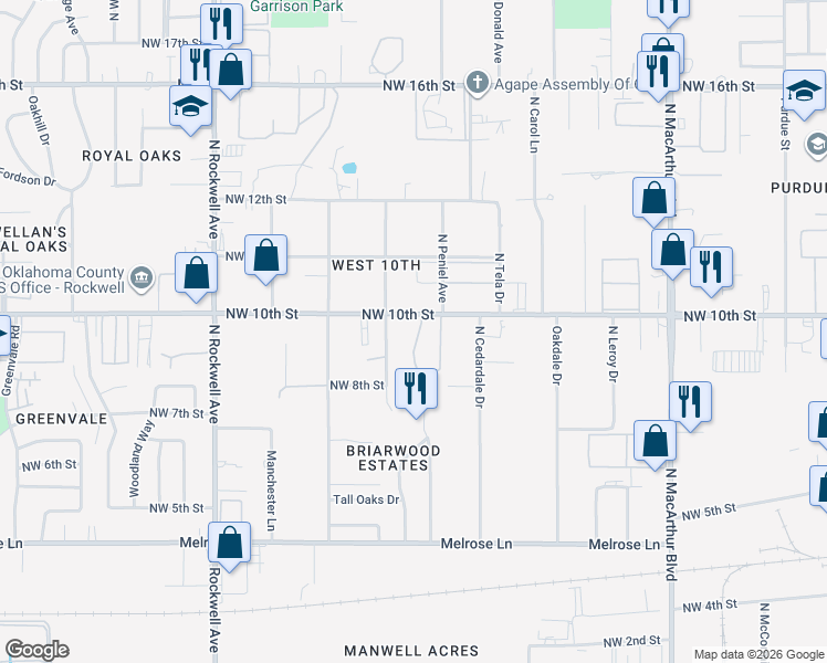 map of restaurants, bars, coffee shops, grocery stores, and more near 6650 Northwest 10th Street in Oklahoma City