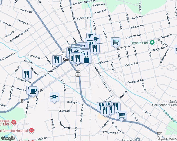 map of restaurants, bars, coffee shops, grocery stores, and more near 312 South Steele Street in Sanford
