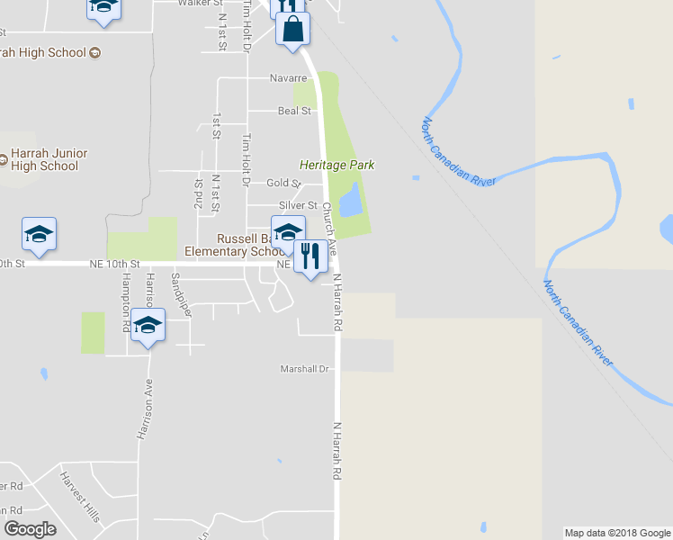 map of restaurants, bars, coffee shops, grocery stores, and more near 1087 North Harrah Road in Harrah