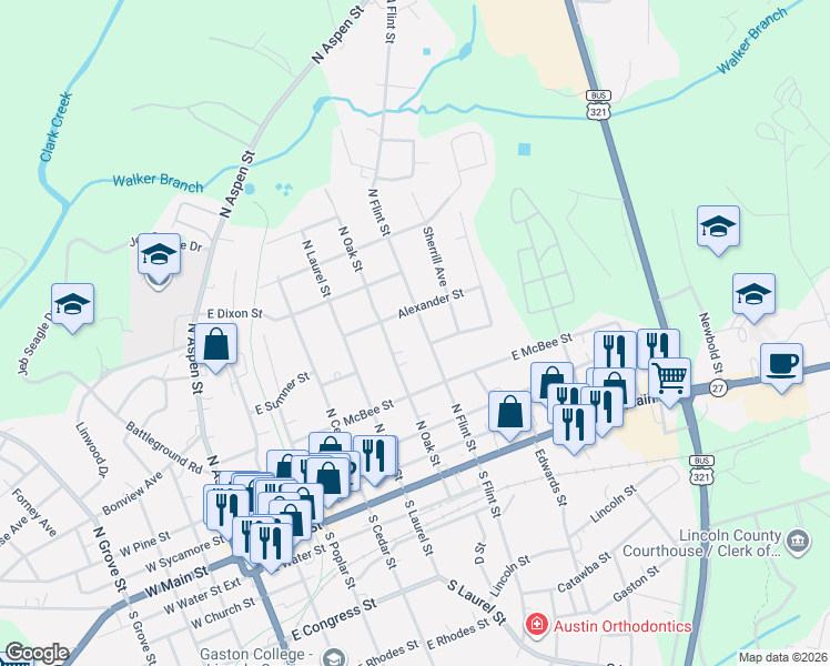 map of restaurants, bars, coffee shops, grocery stores, and more near 505 North Flint Street in Lincolnton