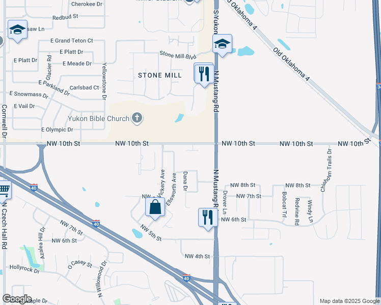 map of restaurants, bars, coffee shops, grocery stores, and more near 11428 Northwest 9th Terrace in Yukon