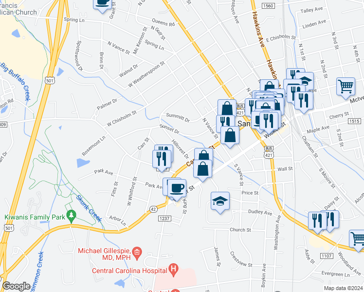 map of restaurants, bars, coffee shops, grocery stores, and more near 200 Hillcrest Drive in Sanford