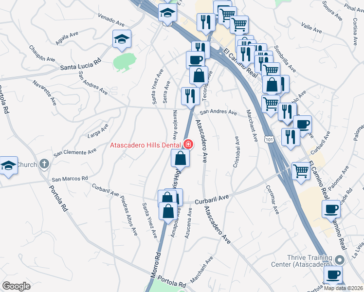 map of restaurants, bars, coffee shops, grocery stores, and more near 7400 Morro Road in Atascadero