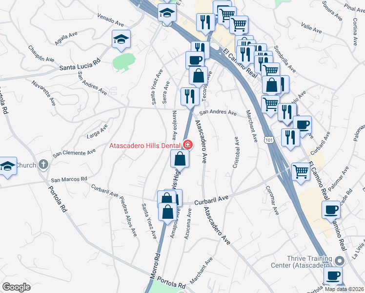map of restaurants, bars, coffee shops, grocery stores, and more near 7400 Morro Road in Atascadero