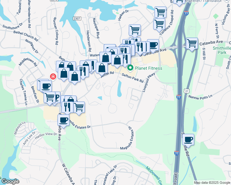 map of restaurants, bars, coffee shops, grocery stores, and more near 19806 One Norman Boulevard in Cornelius