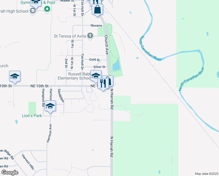 map of restaurants, bars, coffee shops, grocery stores, and more near 1095 North Harrah Road in Harrah