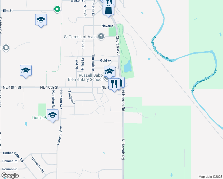 map of restaurants, bars, coffee shops, grocery stores, and more near 1087 North Harrah Road in Harrah