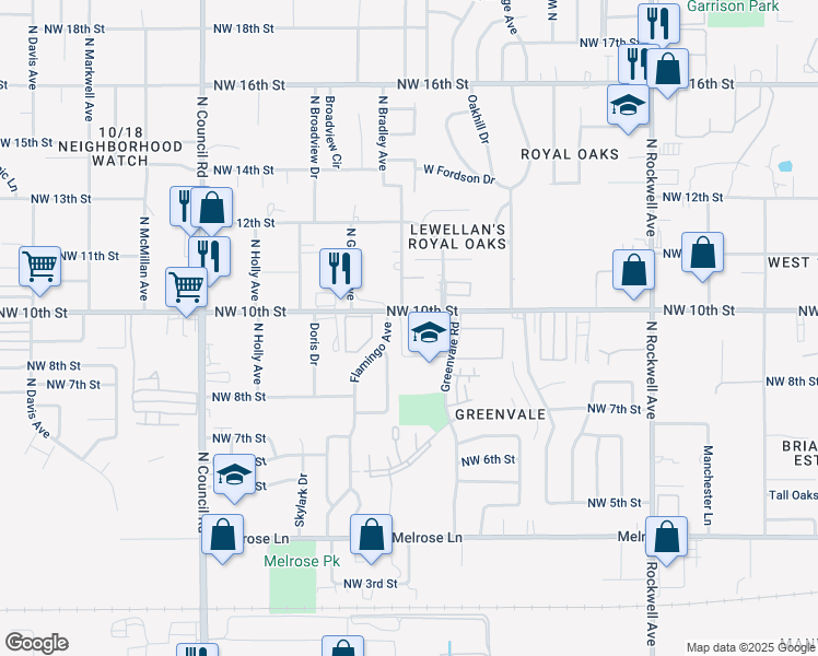 map of restaurants, bars, coffee shops, grocery stores, and more near 7554 Northwest 10th Street in Oklahoma City