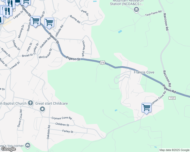 map of restaurants, bars, coffee shops, grocery stores, and more near 136 Chipping Sparrow Lane in Waynesville