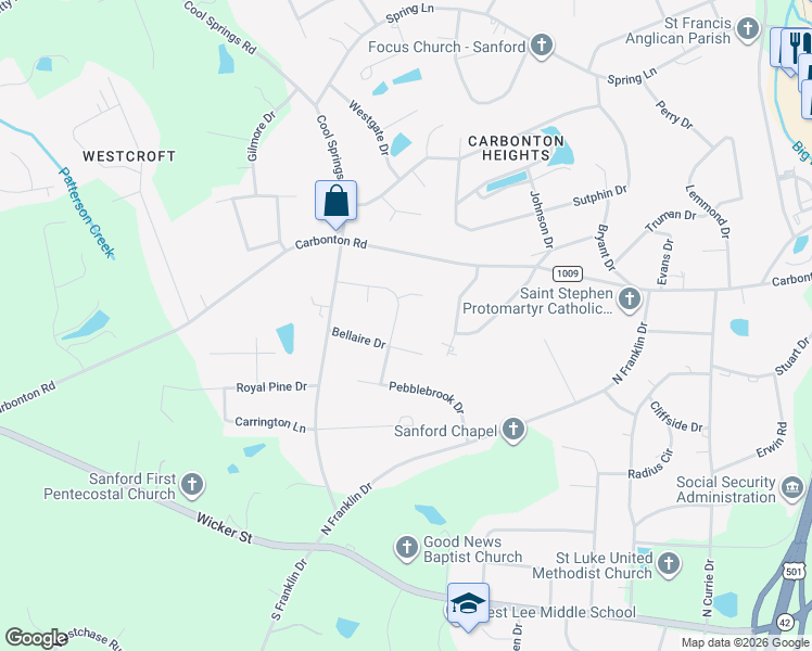 map of restaurants, bars, coffee shops, grocery stores, and more near 2628 Bellaire Drive in Sanford