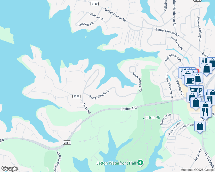 map of restaurants, bars, coffee shops, grocery stores, and more near 19108 Betty Stough Road in Cornelius