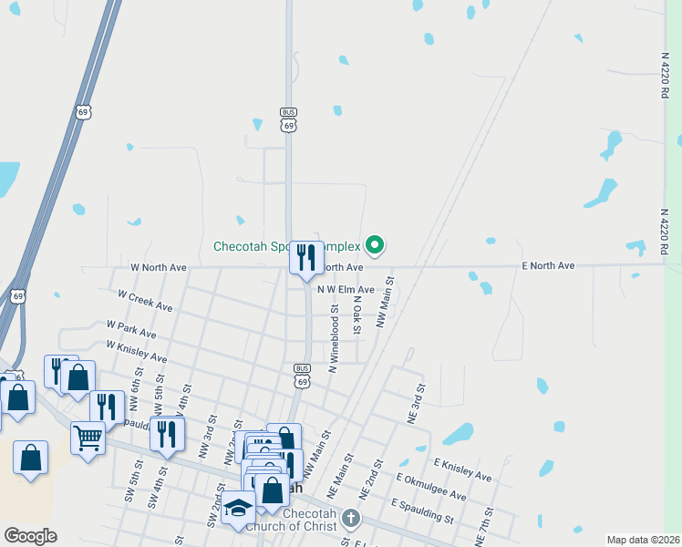 map of restaurants, bars, coffee shops, grocery stores, and more near 725 North Wineblood Street in Checotah