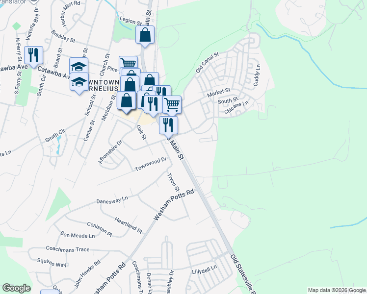 map of restaurants, bars, coffee shops, grocery stores, and more near 19718 Zion Avenue in Cornelius