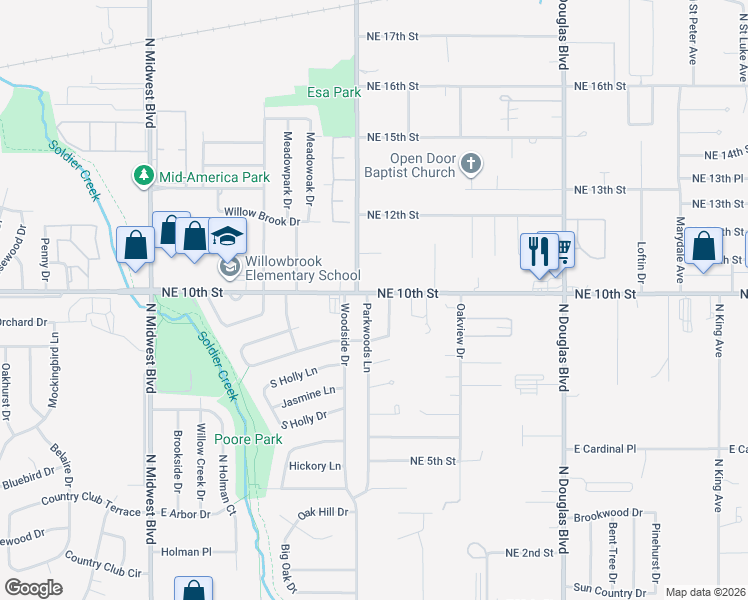 map of restaurants, bars, coffee shops, grocery stores, and more near 4034 Parkwoods Lane in Midwest City