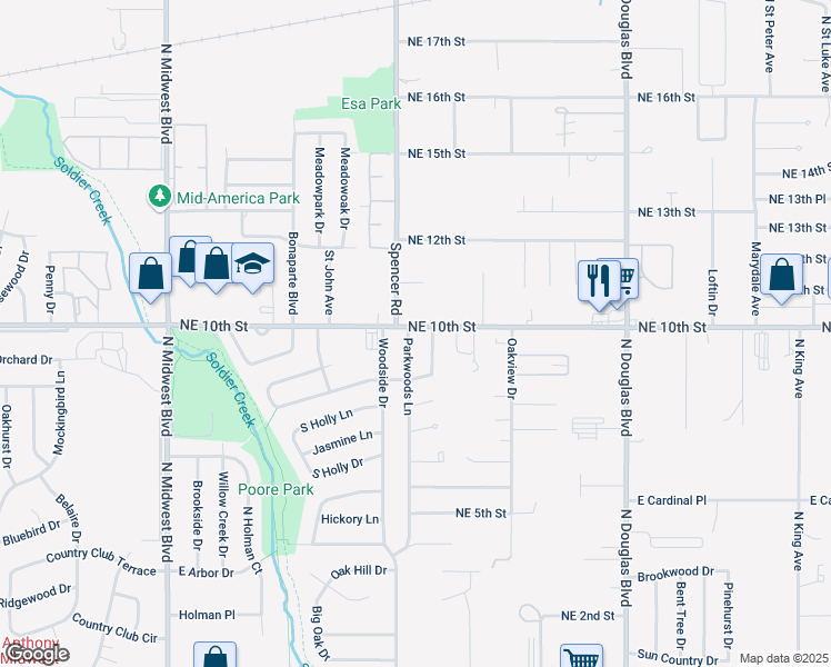 map of restaurants, bars, coffee shops, grocery stores, and more near 4034 Parkwoods Lane in Midwest City