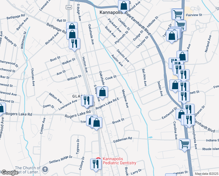 map of restaurants, bars, coffee shops, grocery stores, and more near 319 Russell Street in Kannapolis