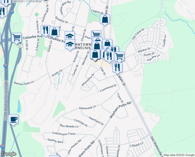 map of restaurants, bars, coffee shops, grocery stores, and more near 21243 Hickory Street in Cornelius
