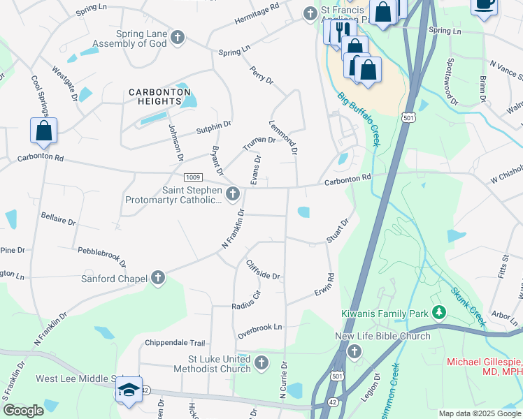 map of restaurants, bars, coffee shops, grocery stores, and more near 2007 Hamilton Drive in Sanford