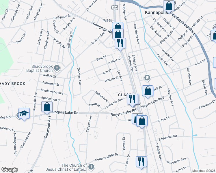 map of restaurants, bars, coffee shops, grocery stores, and more near 1206 Margaret Avenue in Kannapolis