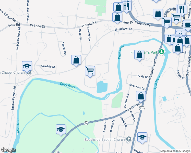 map of restaurants, bars, coffee shops, grocery stores, and more near 901 West Jackson Street in Shelbyville