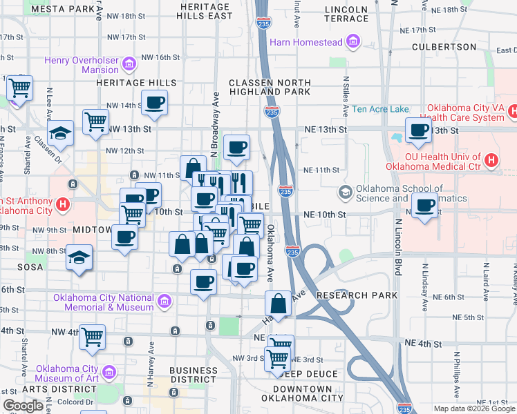 map of restaurants, bars, coffee shops, grocery stores, and more near 36 Northwest 10th Street in Oklahoma City