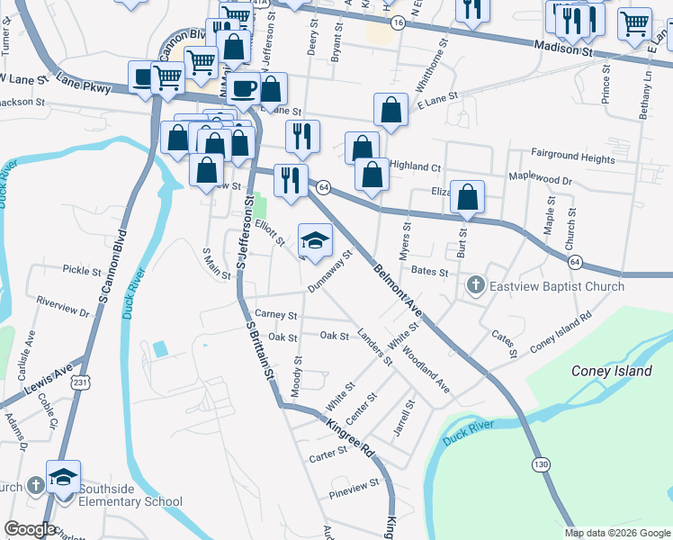 map of restaurants, bars, coffee shops, grocery stores, and more near 217 Dunnaway Street in Shelbyville