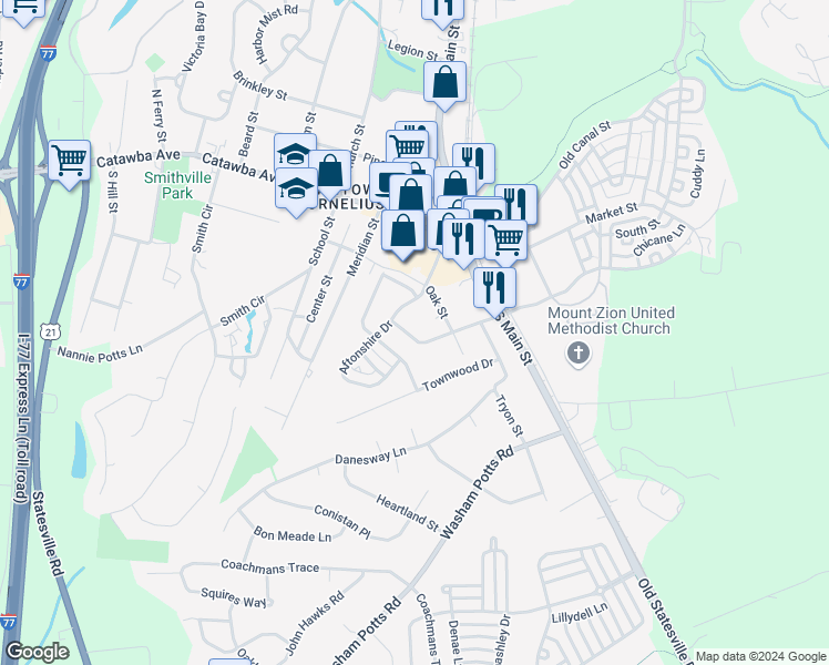 map of restaurants, bars, coffee shops, grocery stores, and more near 21247 Hickory Street in Cornelius